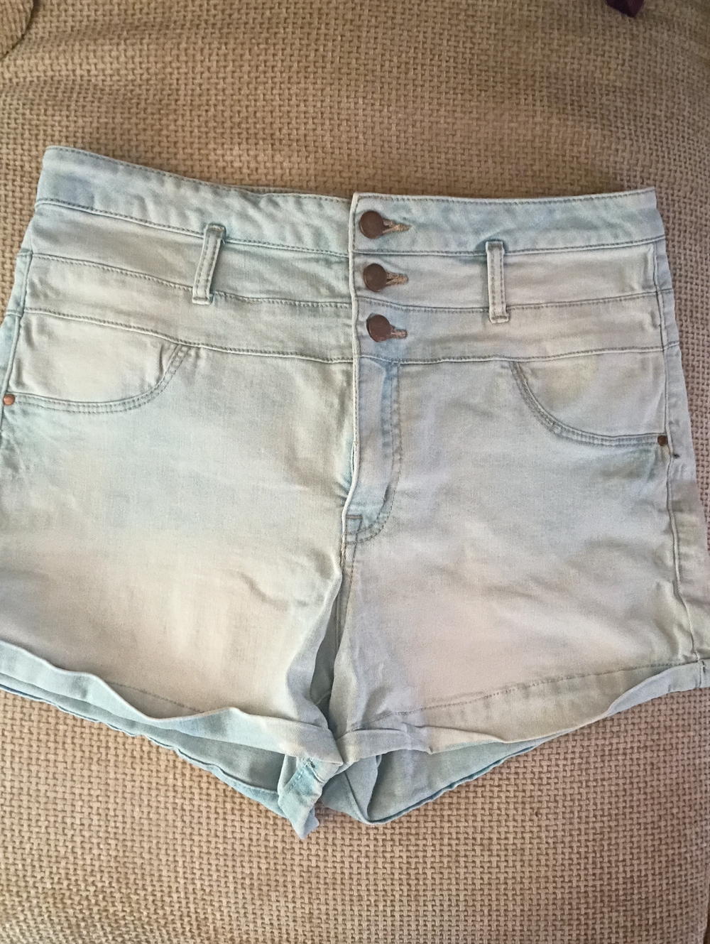 refuge Triple-Button High Waist Light Blue Denim Shorts